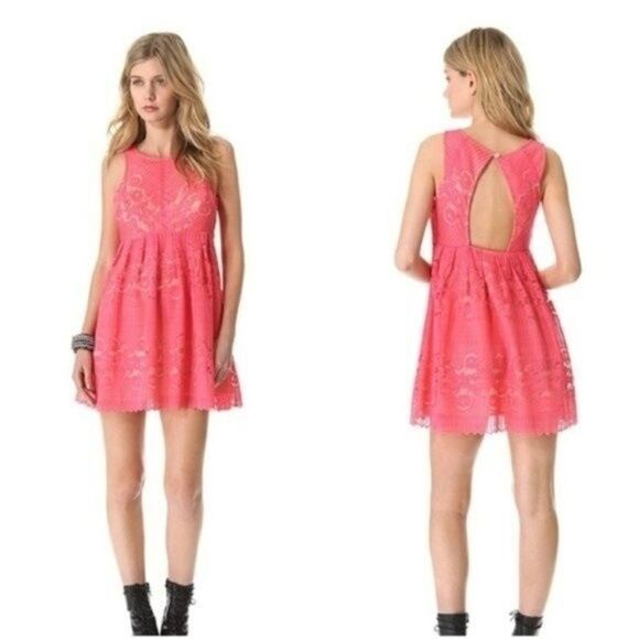 Free People Rocco Floral Crochet Lace Mini Dress Salmon Pink Size 2 - Picture 1 of 7